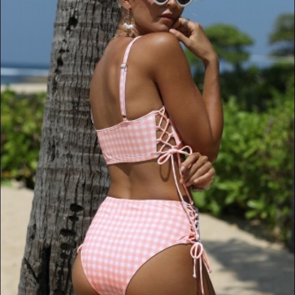 Retro Pink Plaid Lace Up Bikini - Picture 3 of 6